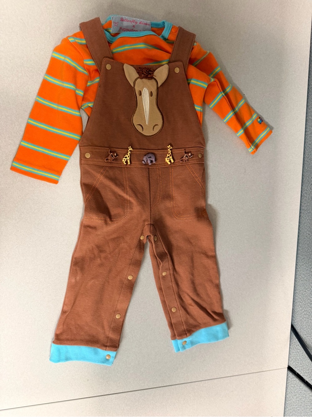 Kids Brown Horse Applique Overalls with Orange Stripe Shirt - Picture 2 of 7